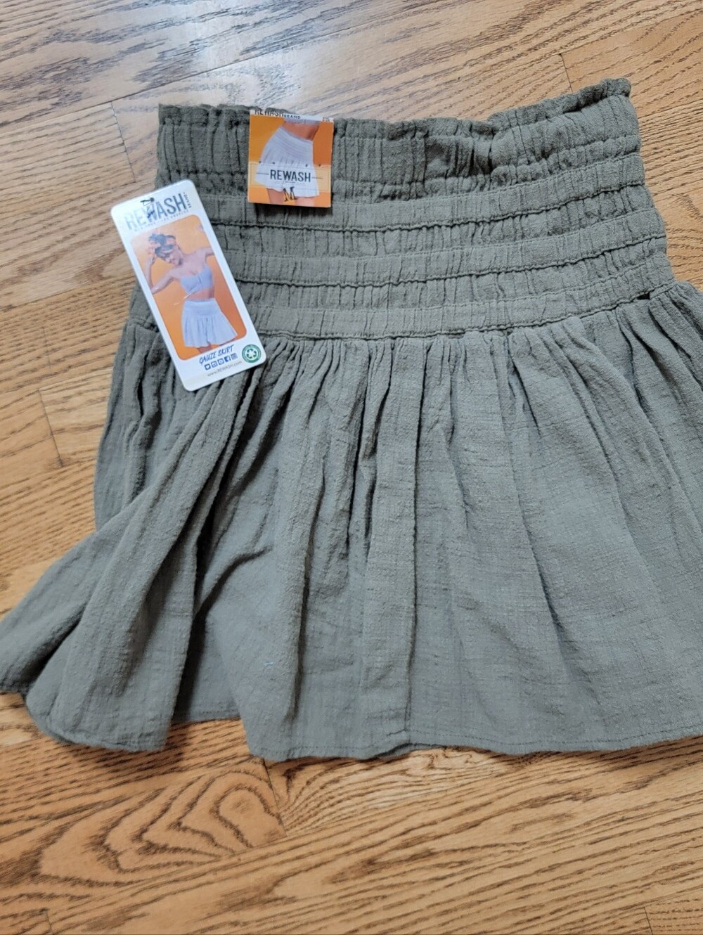 Rewash Olive Green Smocked  Mini Skirt